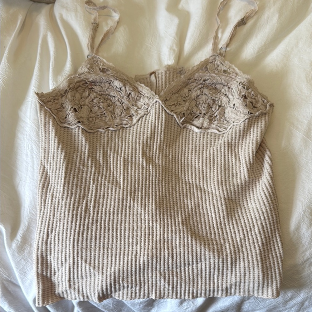 Elegant Lace Trimmed Beige Top
Free People